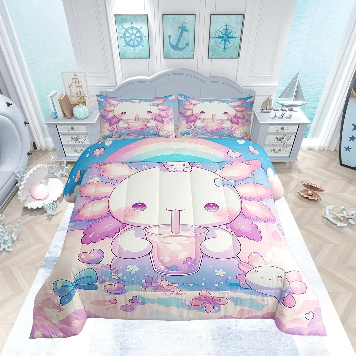 Feelyou Cute Axolotl Comforter Set Toddler Size Rainbow Print Quilt Set Kawaii Animal Theme Bedding Comforters 2pcs for Kids Teens Room Decor,Milk Tea Soft Duvet Set with 1 Pillowcase