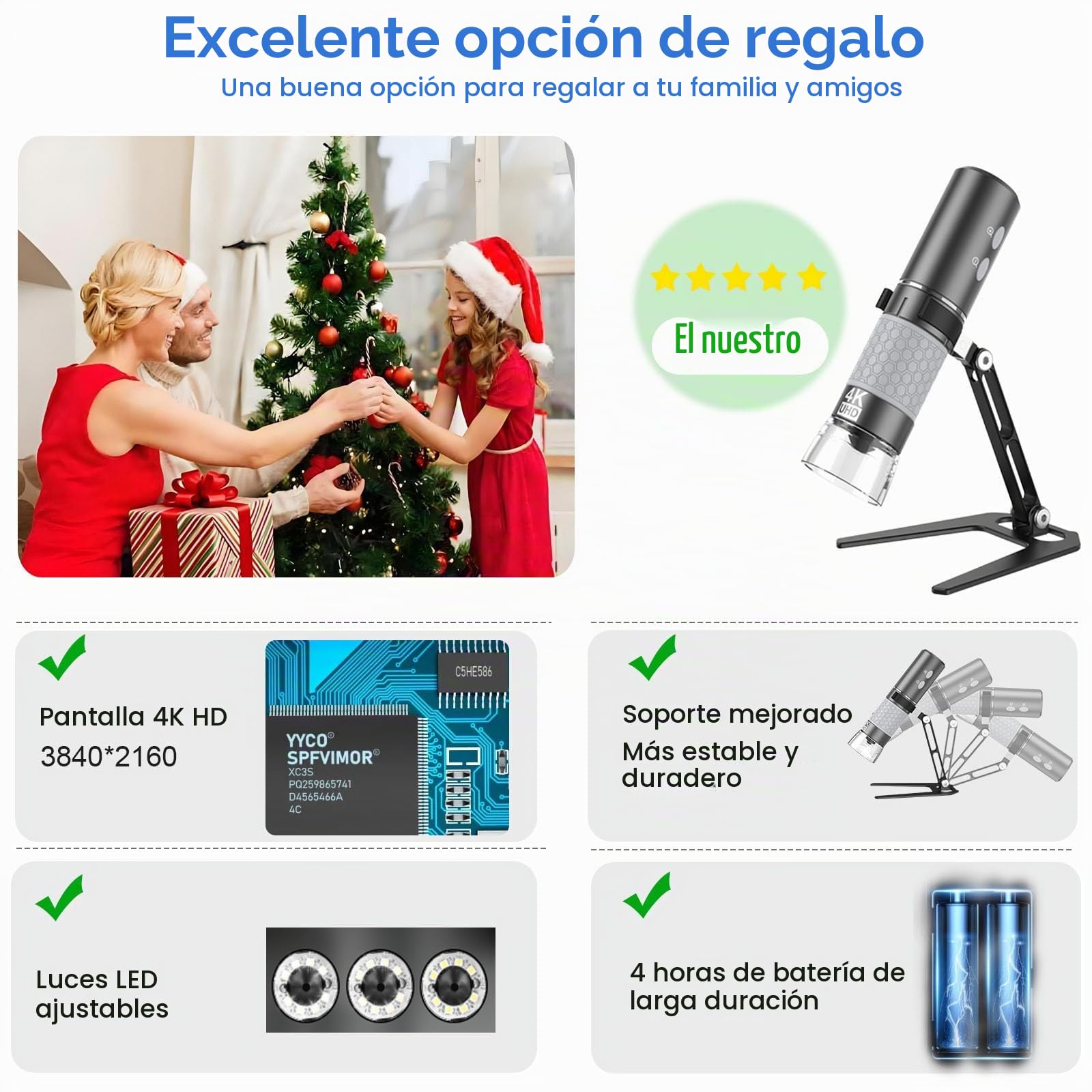 Microscopio Digital WiFi Mostanne, Microscopio Portátil Inalámbrico 4K con Cámara HD y Aumento de 50X-1000X con Soporte Ajustable, Compatible con Teléfonos Inteligentes, iPad, Mac y PC con Windows