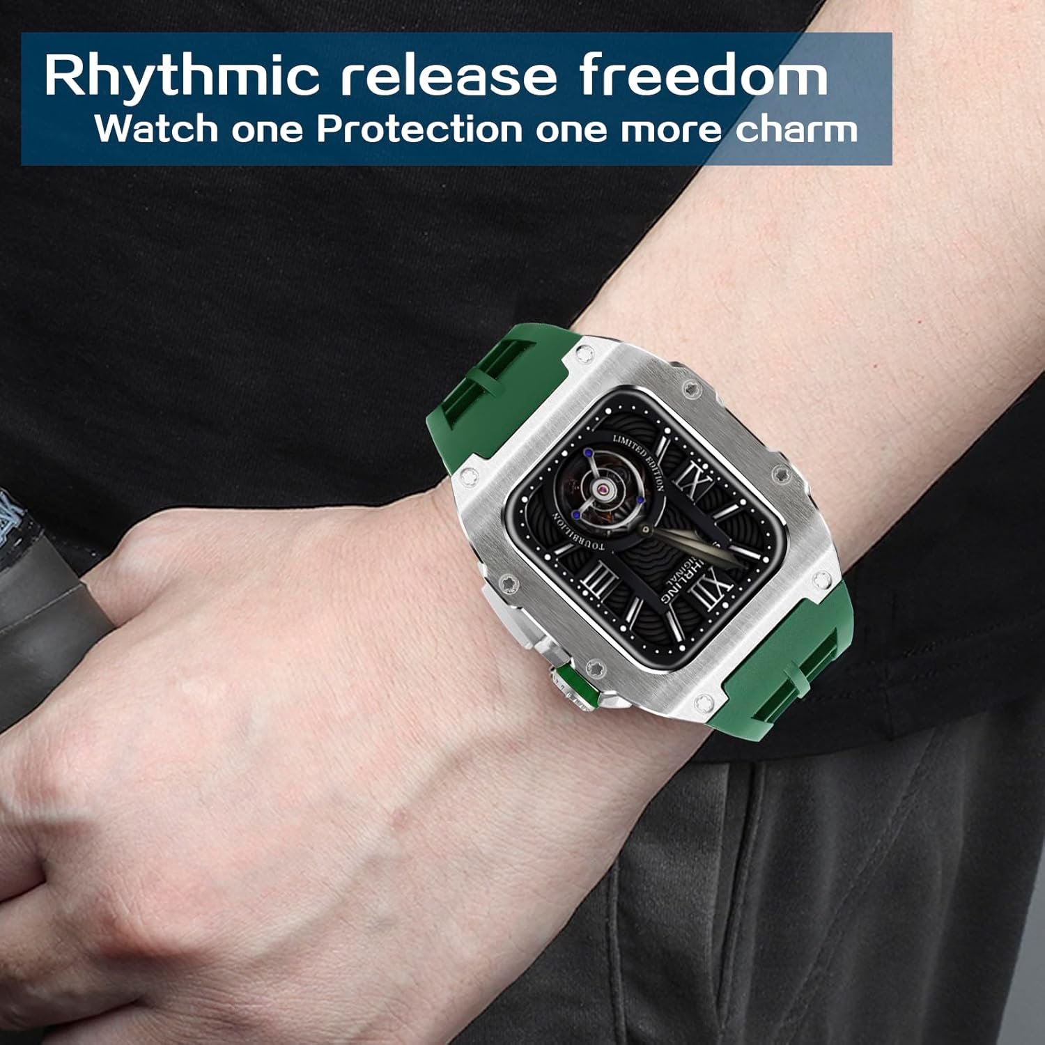 Refit Watch Bracelet Mod Kit For Apple Watch Series 8 7 45mm rubber strap Rm Style Metal Watch Case For Iwatch 6 SE 5 4 44mm Replacement Replacement Cover Strap Accessories (44/45 mm,