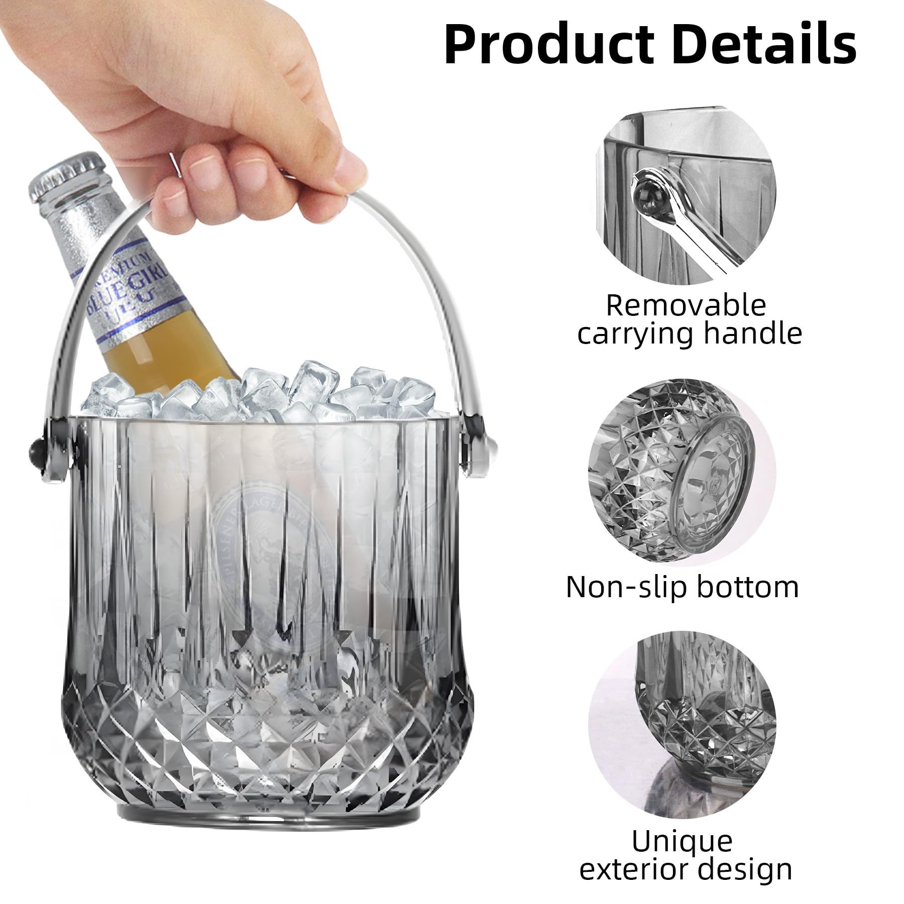 Dmnnlp 1.2L Grey Ice Bucket with Tongs, Acrylic Ice Buckets for Parties Easy Carry Handle Small Bucket for Parties Drinks - Image 4