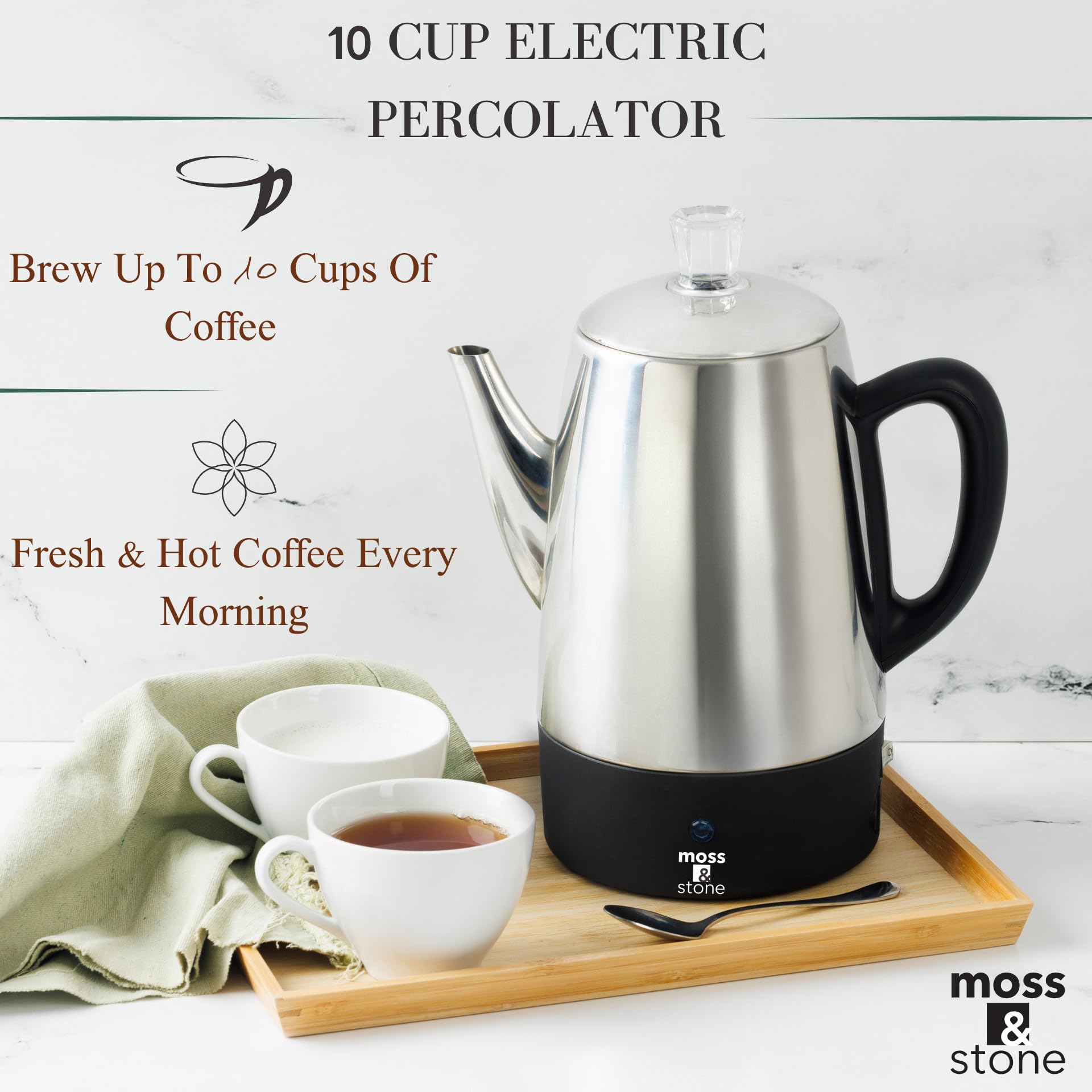 Moss & Stone Percolateur électrique 10 tasses, cafetière électrique en acier inoxydable, percolateur à café électrique avec fonction maintien au chaud, percolateur à 10 tasses en acier inoxydable avec