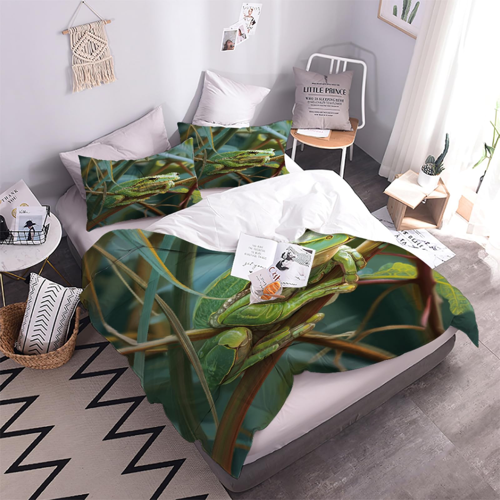 Generico Rana verde Set Copripiumino, Animale per bambini Copripiumini 220x260cm con 2 Federe, Pianta Set Letto set da letto 3 pezzi, Hobby di arredamento per la casa Copripiumini Morbido Traspirante