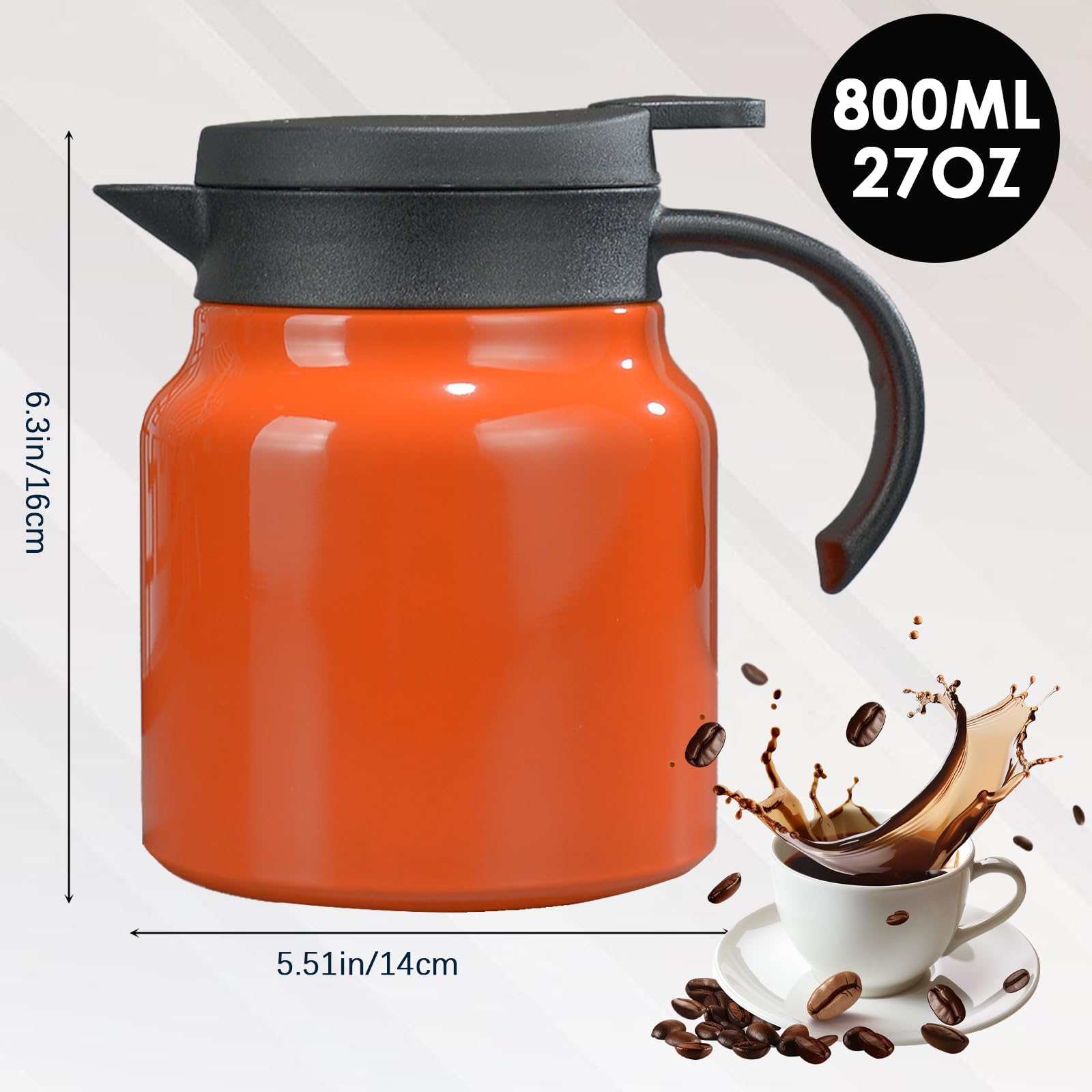 27 oz Single Stainless Steel Thermal Coffee Carafe, Double Wall Vacuum Insulated Creamer Container, Beverage Dispenser for Milk and Hot Chocolate, Tea Pot. (Orange)