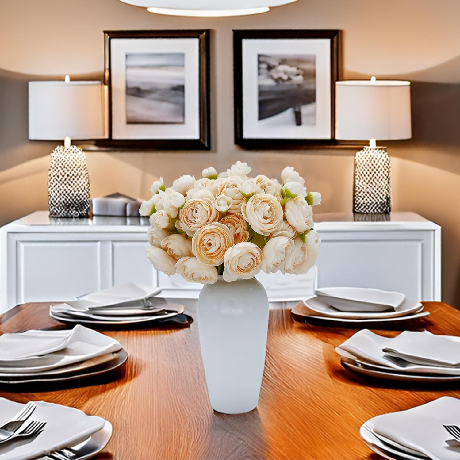 Ranunculus Artificial Flowers 24 Pcs, 10.5" Mini Faux Silk Flowers with Stems, Cream Fake Ranunculus for DIY Wedding Bouquets, Table Centerpieces, Bridal Shower Decorations