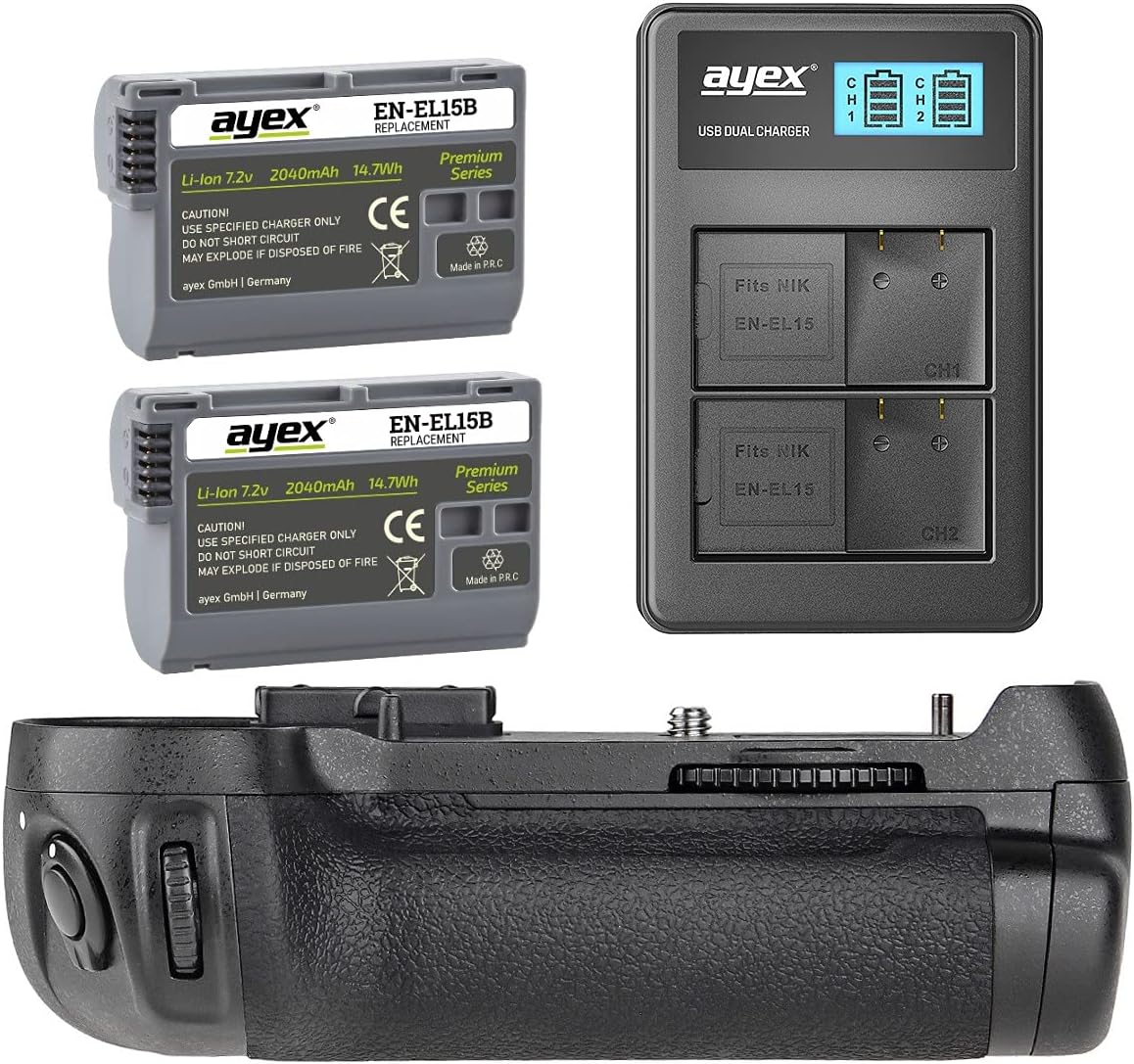 ayex Battery Grip Set Suitable for Nikon D7100, D7200 (Similar to MB-D15) - Includes 2 x ayex EN-EL15B Batteries and USB Dual Charger 100% Compatible
