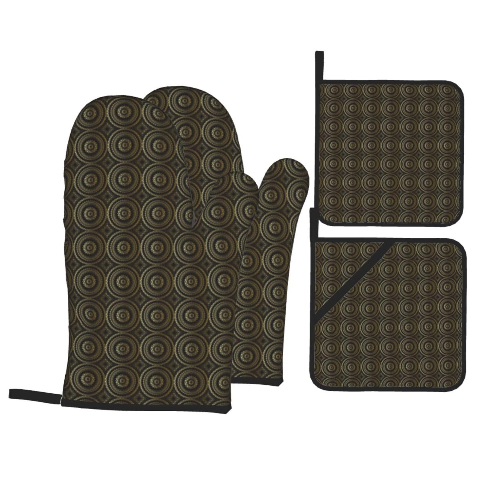 Circle Print 4-Piece Oven Microwaving Set Waterproof Kitchen Gloves for Baking Grilling Cooking