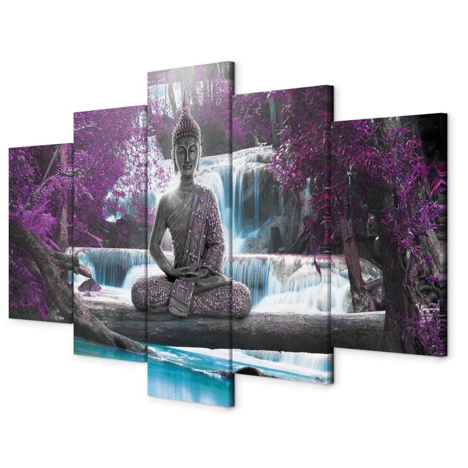 Cuadros B&D XXL - Cuadro en Lienzo Buda 200x100 cm 5 Piezas Grande Cuadros decorativos Decoracion Decorativo para Pared salon modernos dormitorios Oriente Zen Cascada c-A-0021-b-o