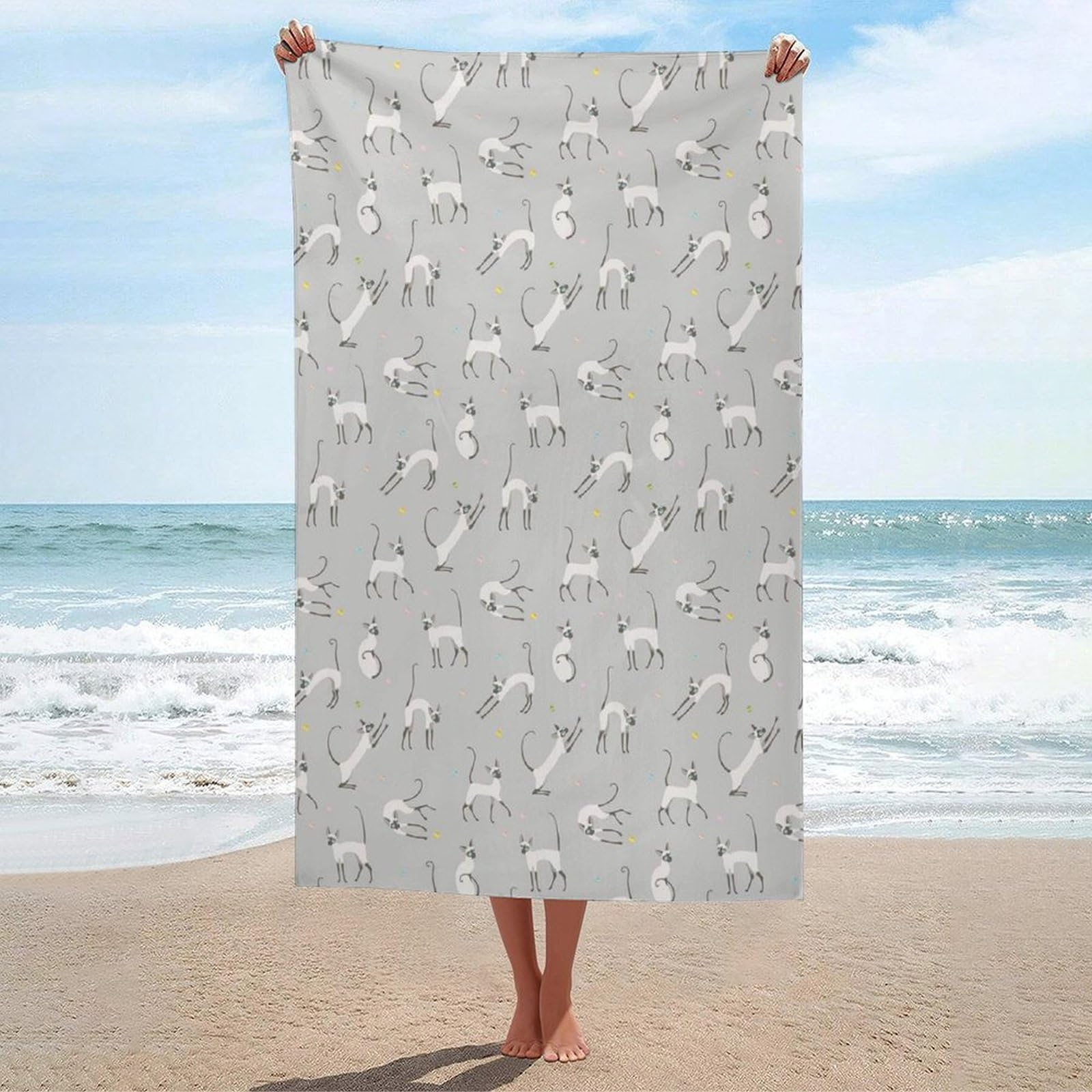LEDFCVSU Beach Towel, Siamese Cat on Wall Bath Towel, Absorbent Towel for Swimming, Sports, Travel