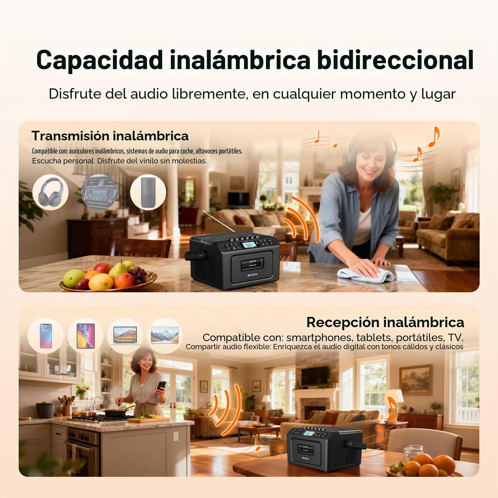Retekess TR642 Reproductor de CD Portátil, Radio Cassette Portátil, Am/FM, Conectividad Inalámbrica, Batería Recargable de 5000 mAh, USB/AUX/TF, Conector para Auriculares, Apto para Familias