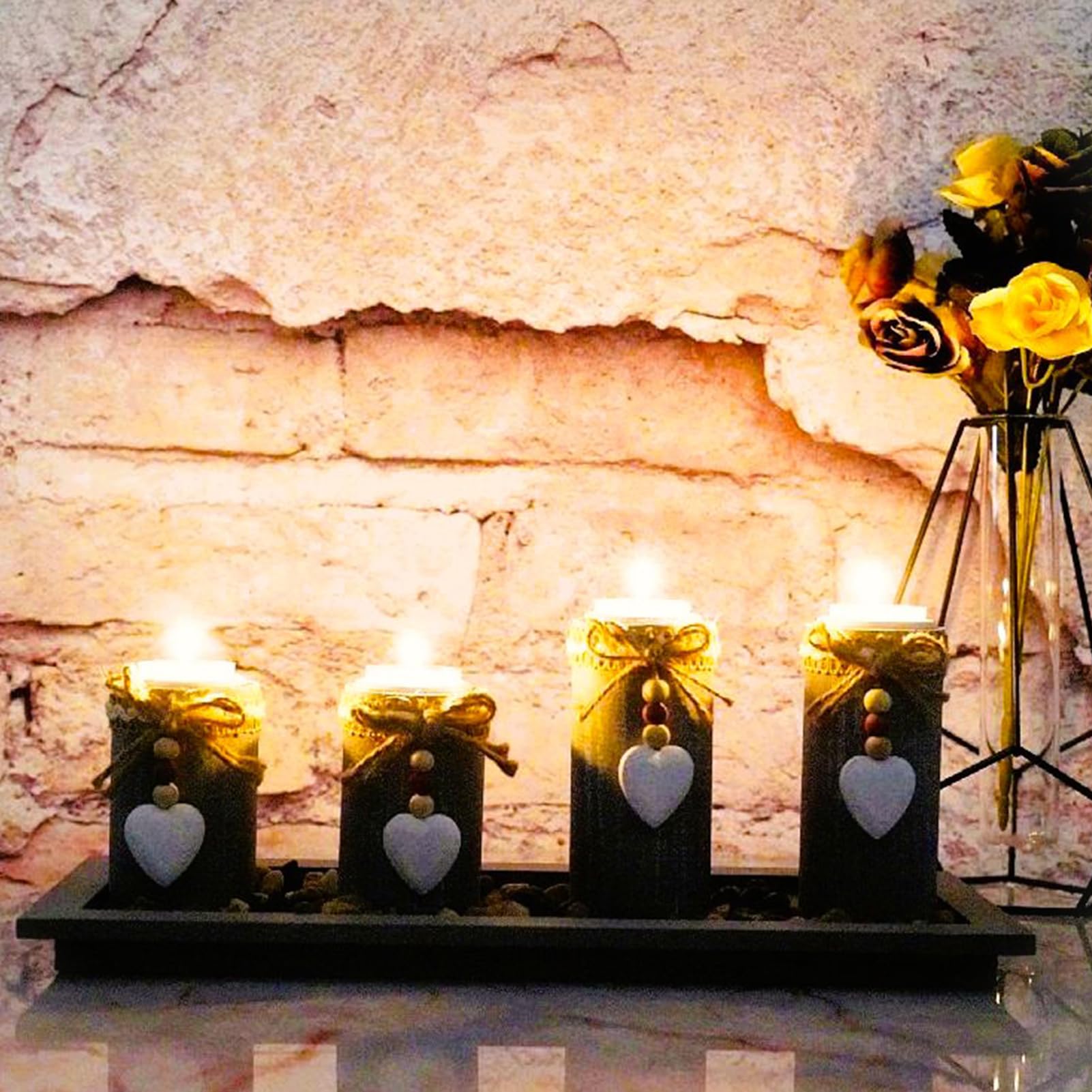 Wooden Candle Holders Centerpieces for Living Room Coffee Table Decorations,Farmhouse Table Decor Tealight Candles Holders with Rustic Tray,Candlesticks for Home Decoration Fireplace Kitchen