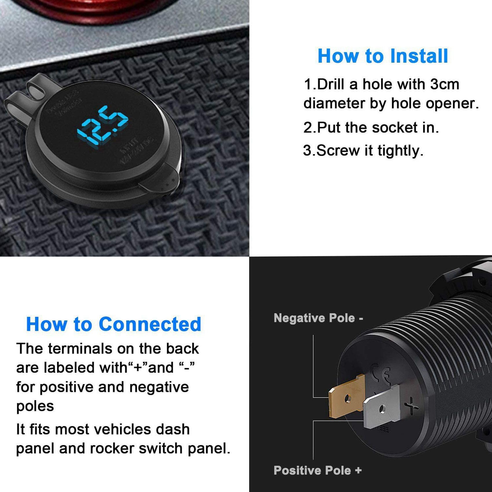 4X Prise USB 12 V, Chargeur de Voiture Double USB à Charge 3.0 avec Interrupteur de Contact et Voltmètre pour Camion de Voiture de Moto 12 V / 24 V