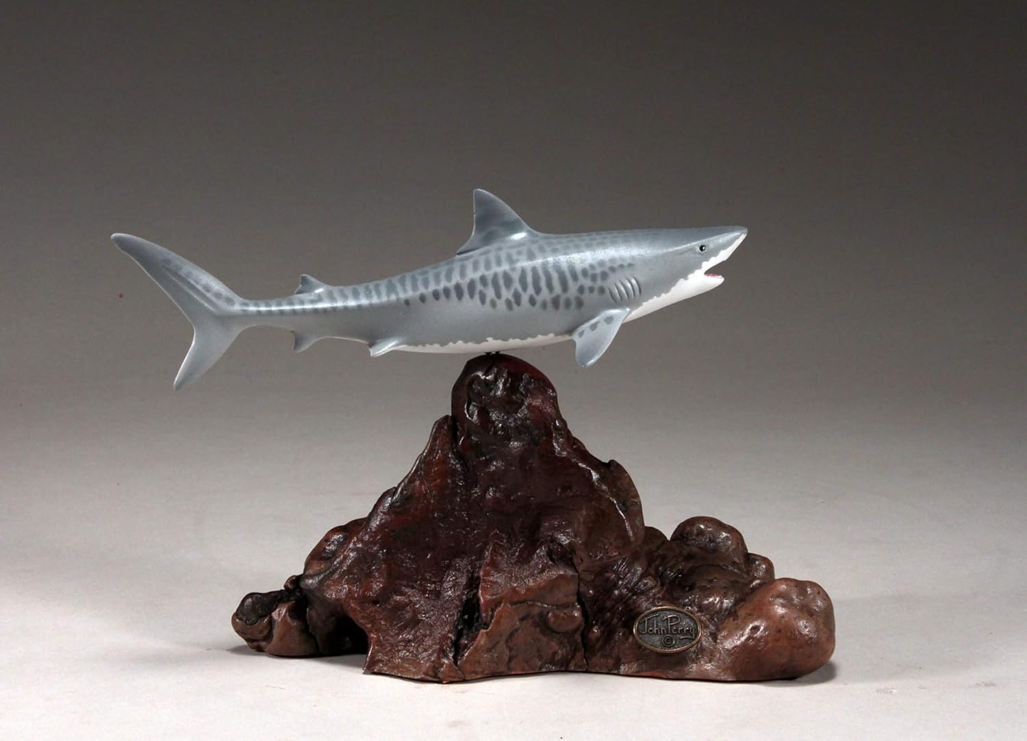 Tiger Shark Sculpture by John Perry 8 inches Long on Polished burlwood Base. Signed