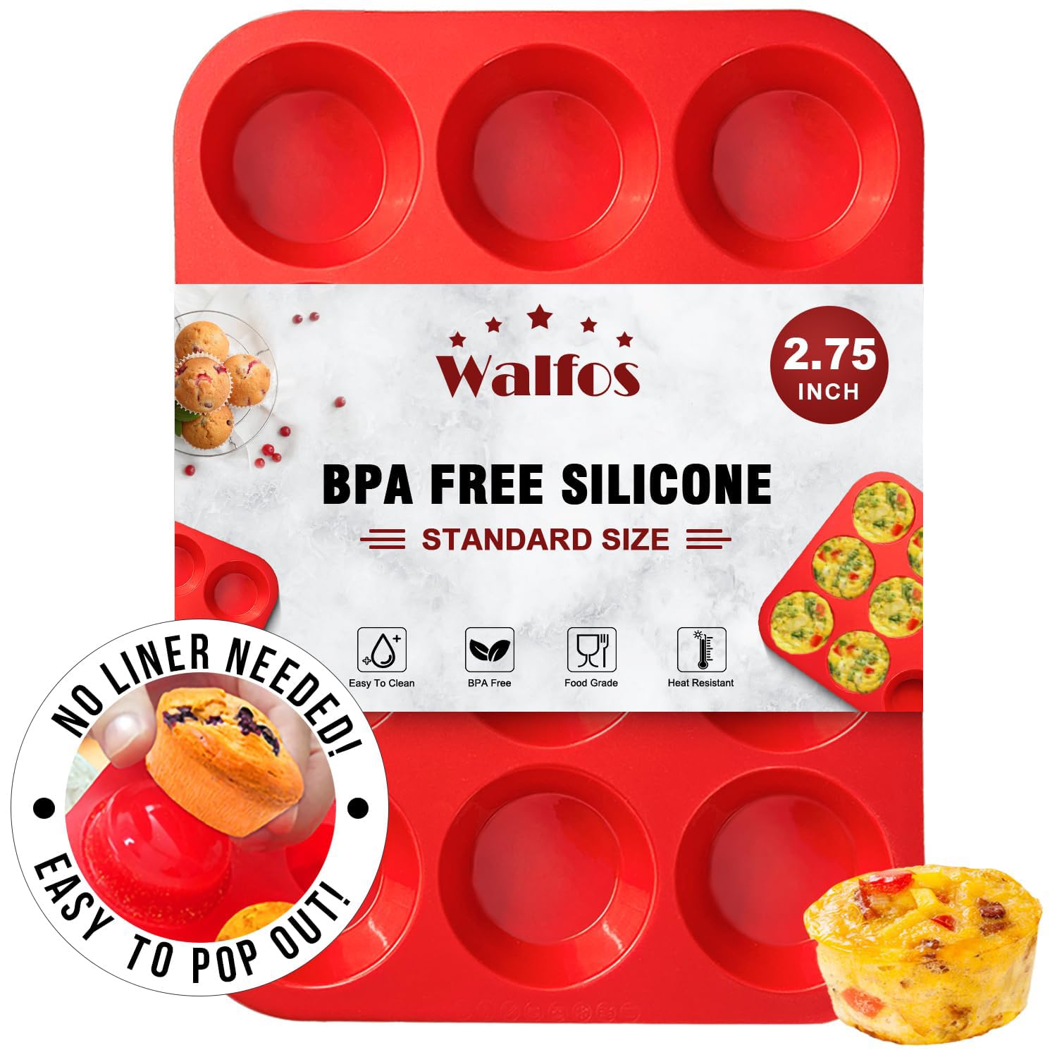 Walfos Silikon-Muffinform - 12 Tassen Normale Cupcake Pfanne, Antihaft-Silikon Ideal für die Herstellung von Muffin-Kuchen, Torten, Brot - BPA-frei und spülmaschinenfest
