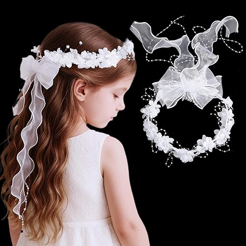 GEEHUA First Communion Headbands for Girls, White Flower Headband Veil Headpiece