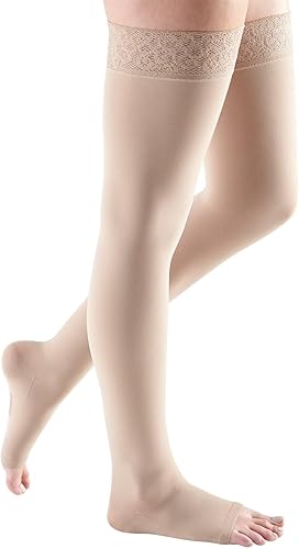 Miniatura 4 de mediven Medias de compresión cómodas hasta el muslo de 15-20 mmHg, punta abierta con banda superior de silicona de encaje para mujer