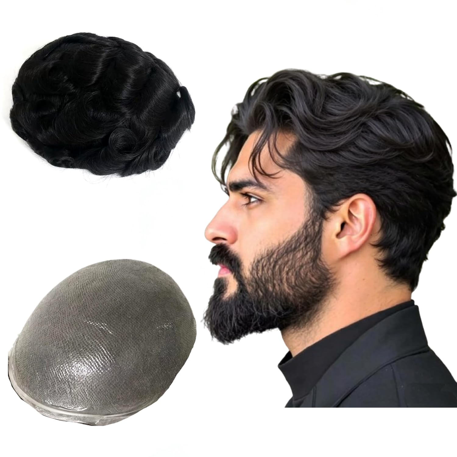 NLW Tupee for Men 0.04 Thin Skin Double Knots 25 mm Curl Hairpiece 100% Human Hair System for Men Wigs Men's Toupee Durable Men's Toupee, Real Hair Base Size 8x10 Inch 120% Density #1 Jet Black