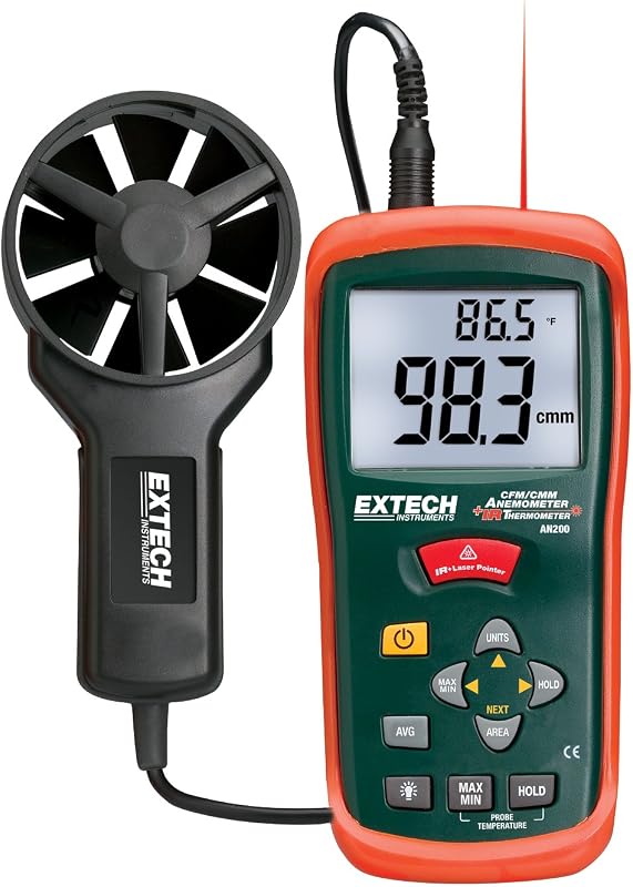 Extech AN200 CFM/CMM Mini Thermo-Anemometer with Built-in Infrared Thermometer | Air flow/velocity, ambient temp, built-in non-contact IR thermometer, data hold, MIN/MAX, vane, HVAC