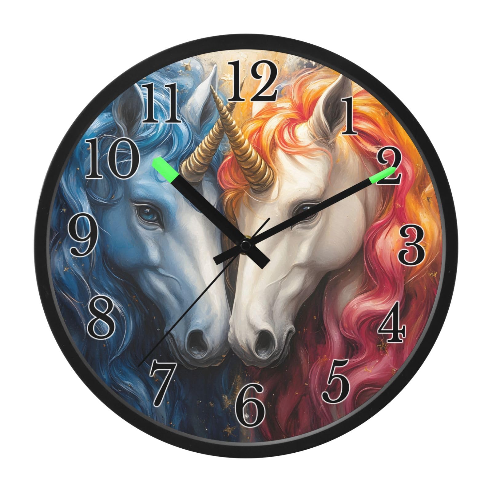 Mnsruu Divertido reloj de pared con diseño de unicornio azul y caballo blanco, luminoso, funciona con pilas, silencioso, brilla en la oscuridad, para sala de estar, cocina, 12 pulgadas
