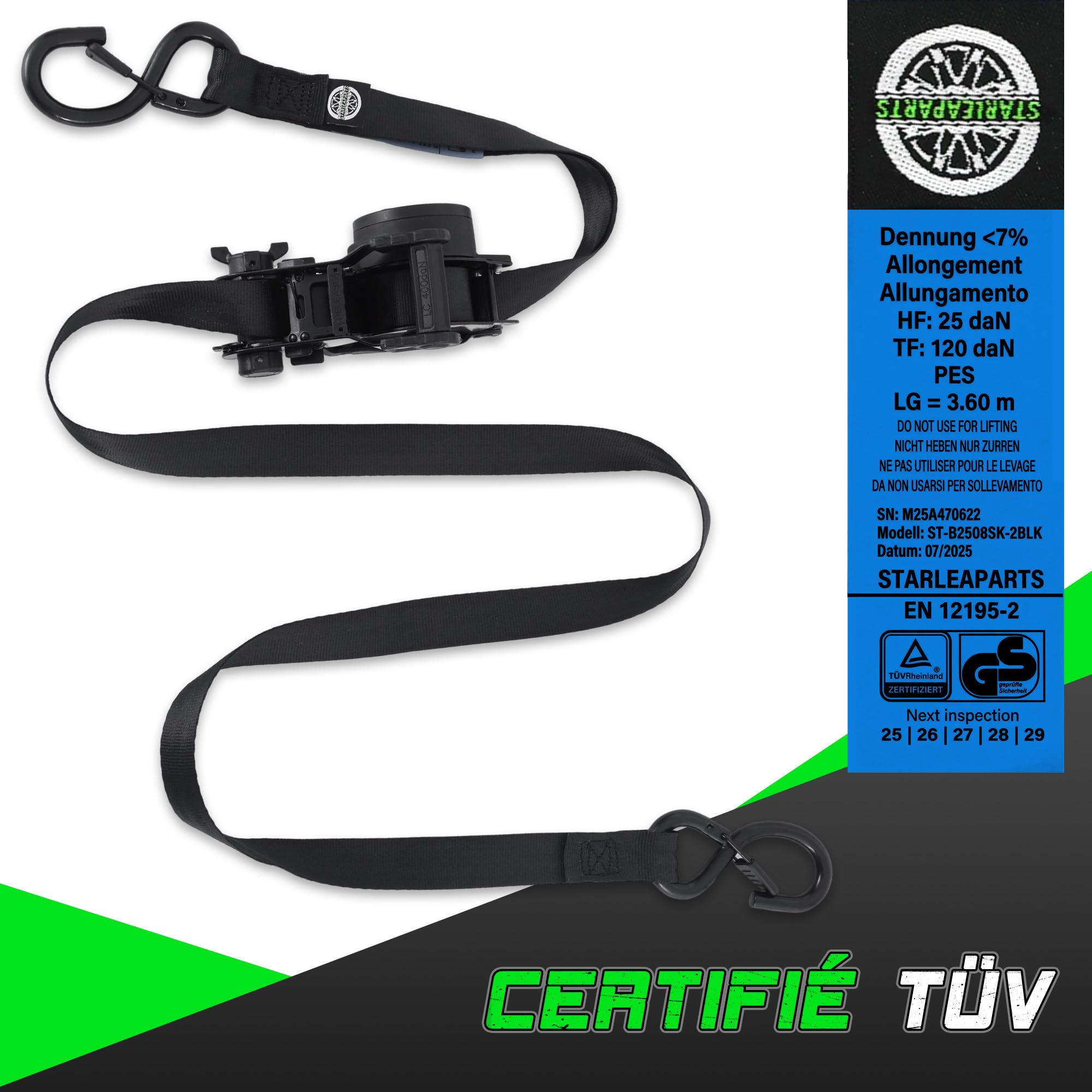 STARLEAPARTS 2 juegos de correas tensoras automáticas con gancho en S, enrollador automático de 3,6 m x 25 mm – 680 kg, resistencia a la rotura, correas tensoras retráctiles con trinquete para moto