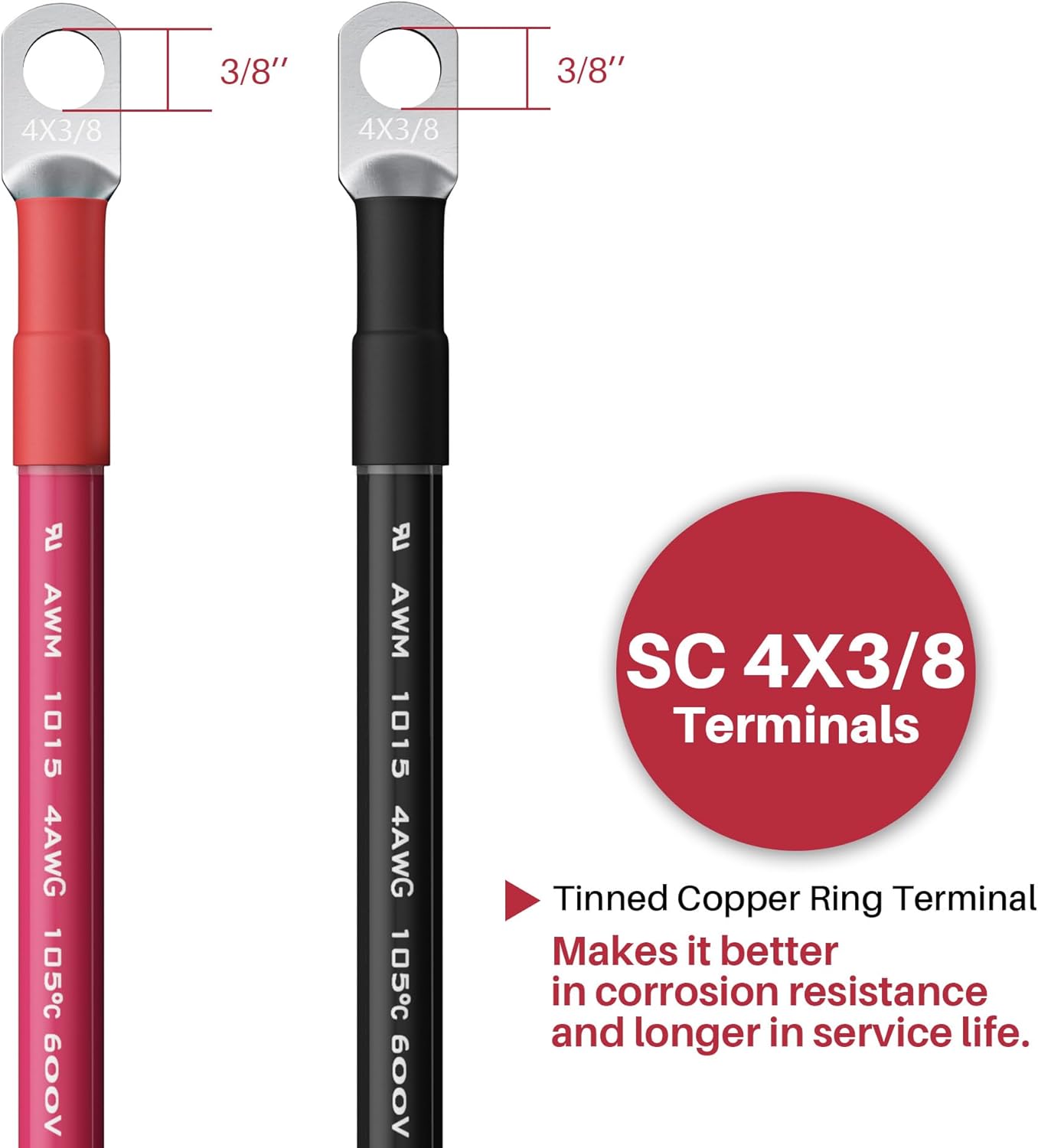 2AWG Battery Cable with 3/8" Terminals, 2 Gauge Pure Copper Inverter & Welding Wire with 3/8 inch Lugs Both Ends, Power Inverter Wire Set for Automotive, Solar, Marine, RV (Red + Black, Each 5FT)