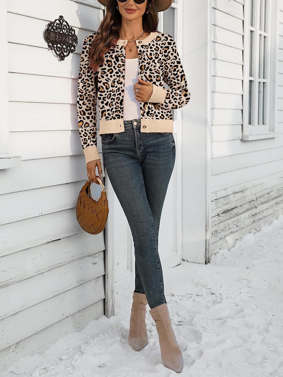 Women's Cropped Cardigans Sweater Floral Leopard Print Crewneck Button Down Open Front Shrugs Sweater for Dress - Image 6