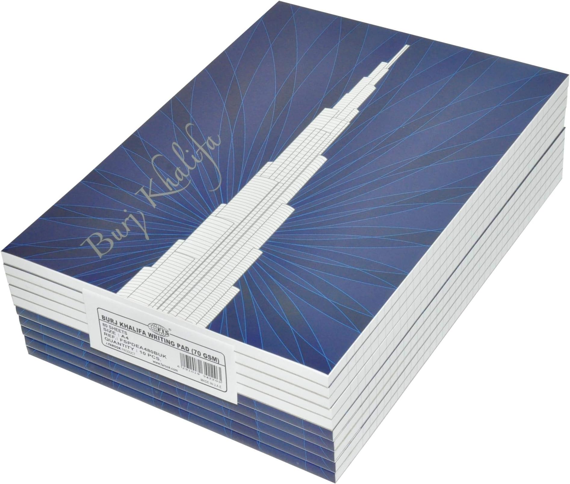 Burj Khalifa Writing Pads, Size A4(148x210mm), Single Ruled, 70gsm, 80 Sheets, Packet of 10 Pieces - FSPDEA480BUK