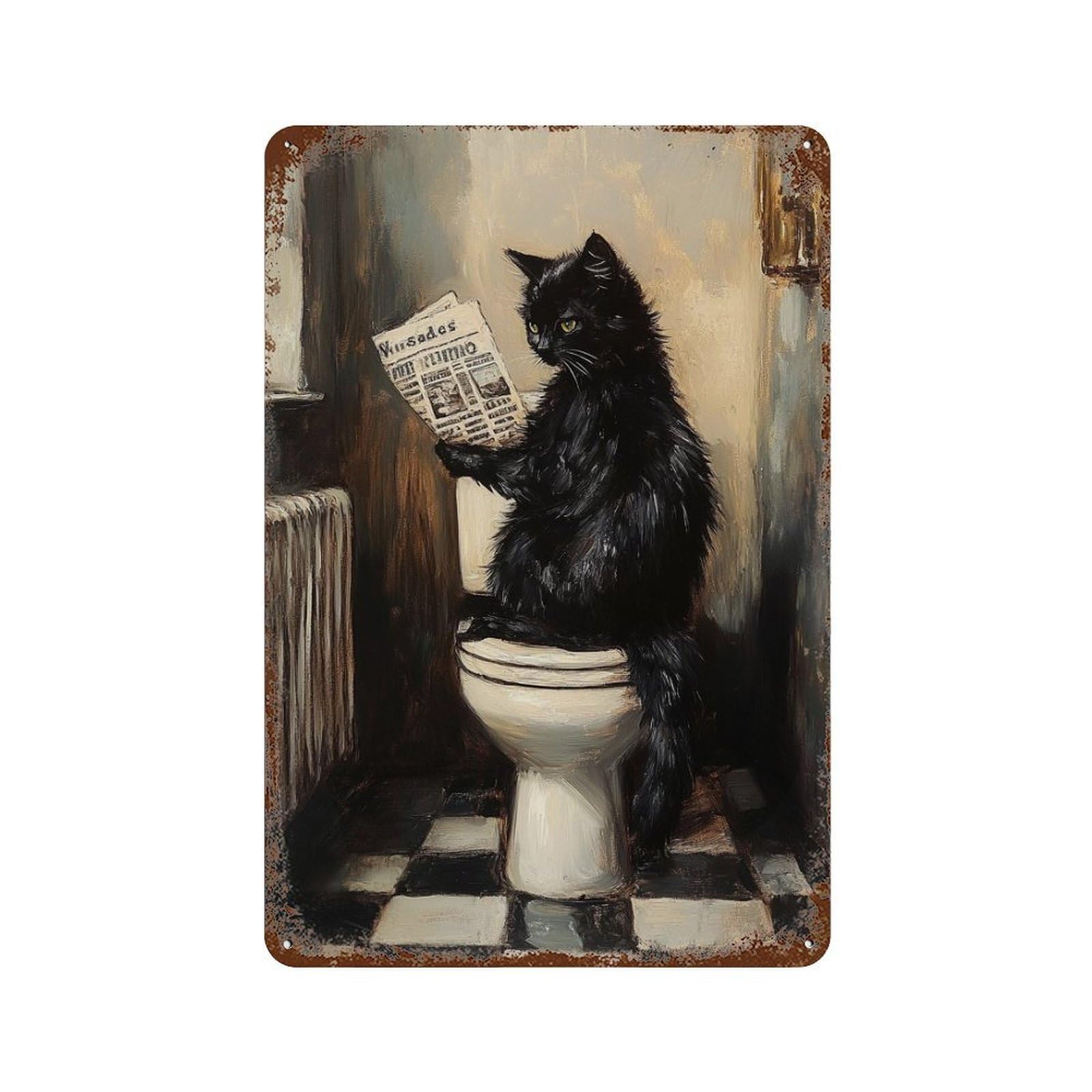 Black Cat Reading Newspaper on Toilet Vintage Metal Tin Sign 11.8"x7.9", Vintage Wall Decor for Garage, Pub Or Kitchen
