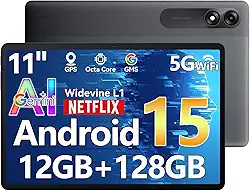 Blackview Tablet 11 inch Android 14 Tablets, 90WiFi with 12GB+128GB Storage(Expand to 2TB), Unisoc T606 CPU, 8200mAh, IPS Display, Widevine L1, 5G WiFi, 13MP+8MP Camaras/Face ID, Gray