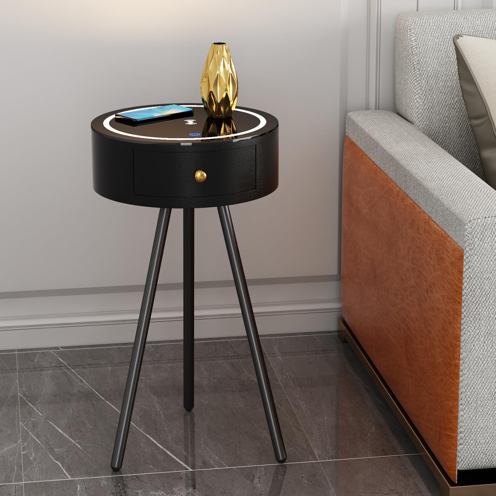 wangpengkai Accent Table with Drawer,14in Led Smart Wireless Charging Nightstand/Narrow Metal Bedside Table/Small end Table/Skinny Tall Side Tables for Living Room/Sofa Corner/Bedroom-Black