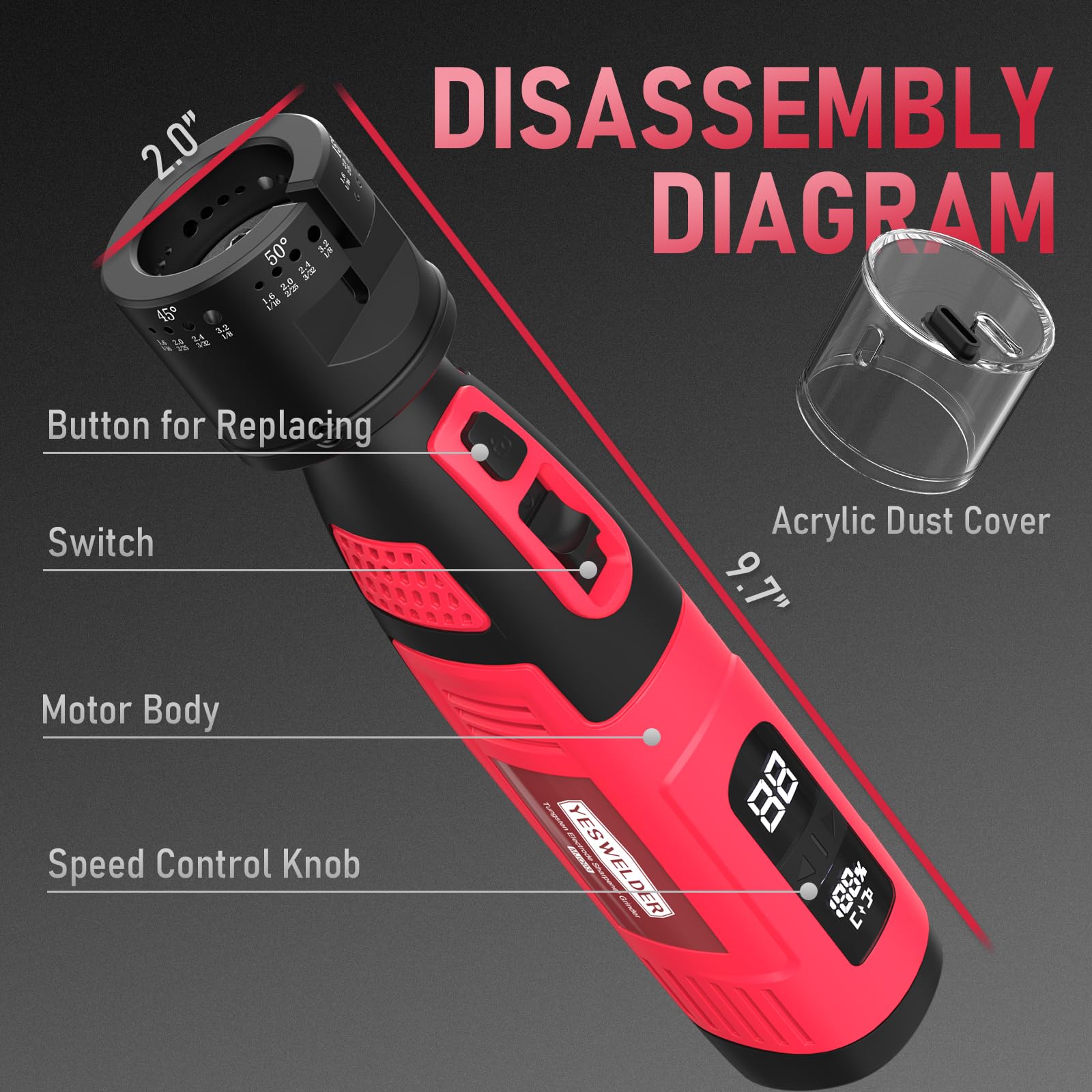 YESWELDER Affilatrice a elettrodo in tungsteno per saldatura TIG, portatile elettrico con display a LED, strumento rotante senza fili per saldatura TIG con scanalatura piatta per blocco di macinazione