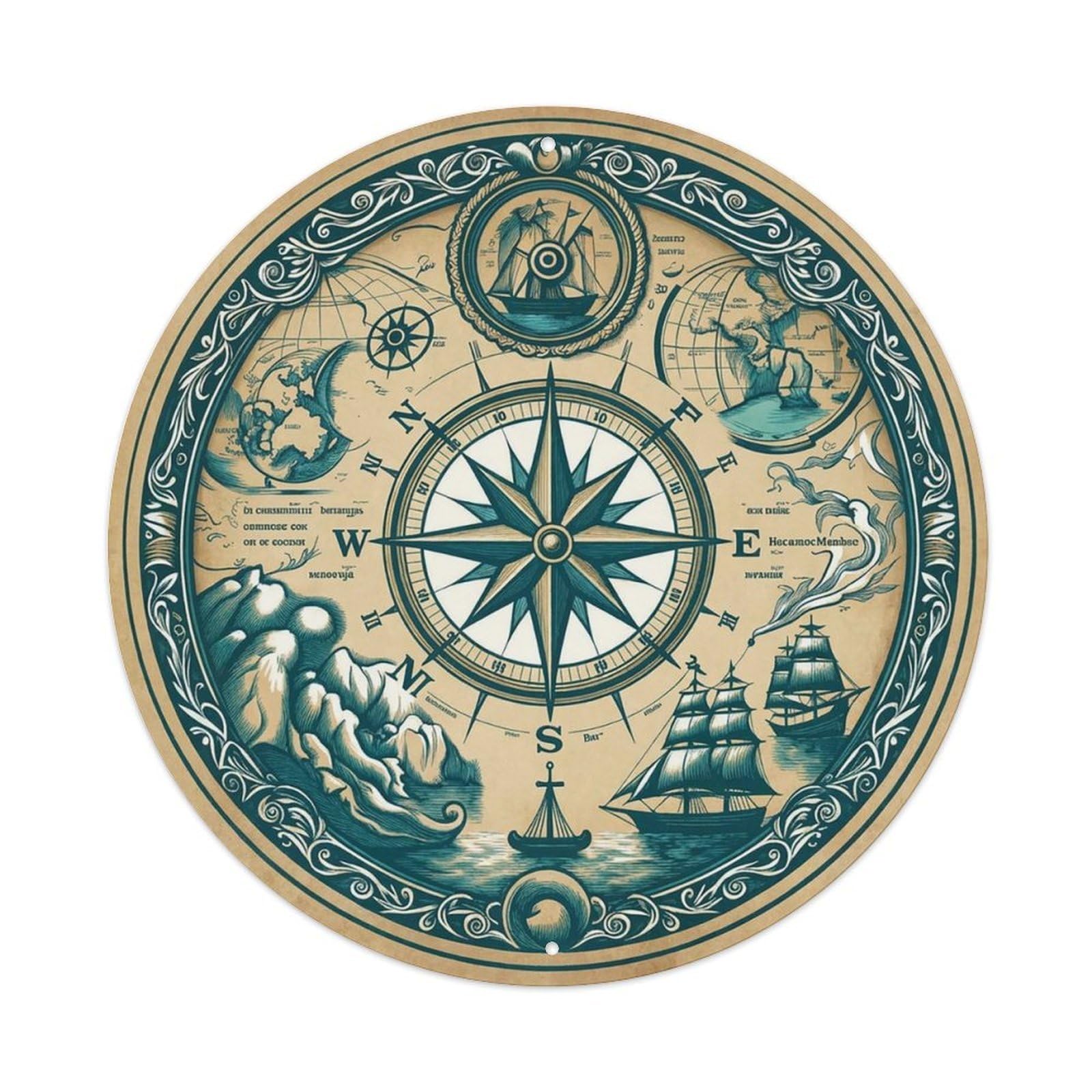 Vintage Nautical Compass World Map Registry Heritage Metal Tin Sign