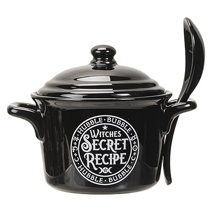 Pacific Giftware Witches Secret Recipe Serving Pot with Spoon, Ceramic Bowl for Soup Dishes, Approximately 4.72 Inches X 5.91Inches, 14 FL OZ