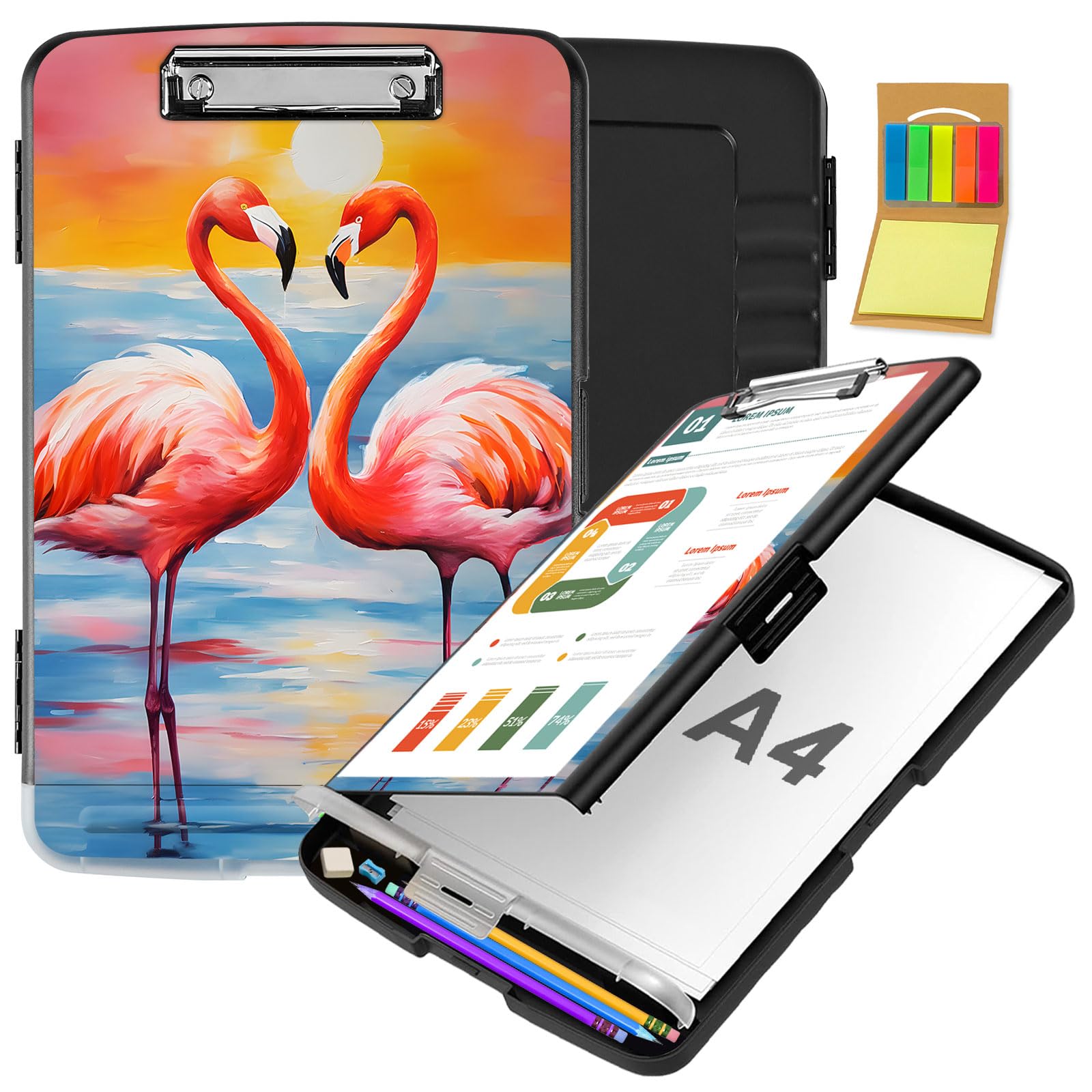 Portablocco con contenitore, per ufficio, infermieristica, con portapenne, in plastica, pieghevole, per insegnanti, infermiere, fenicottero al tramonto