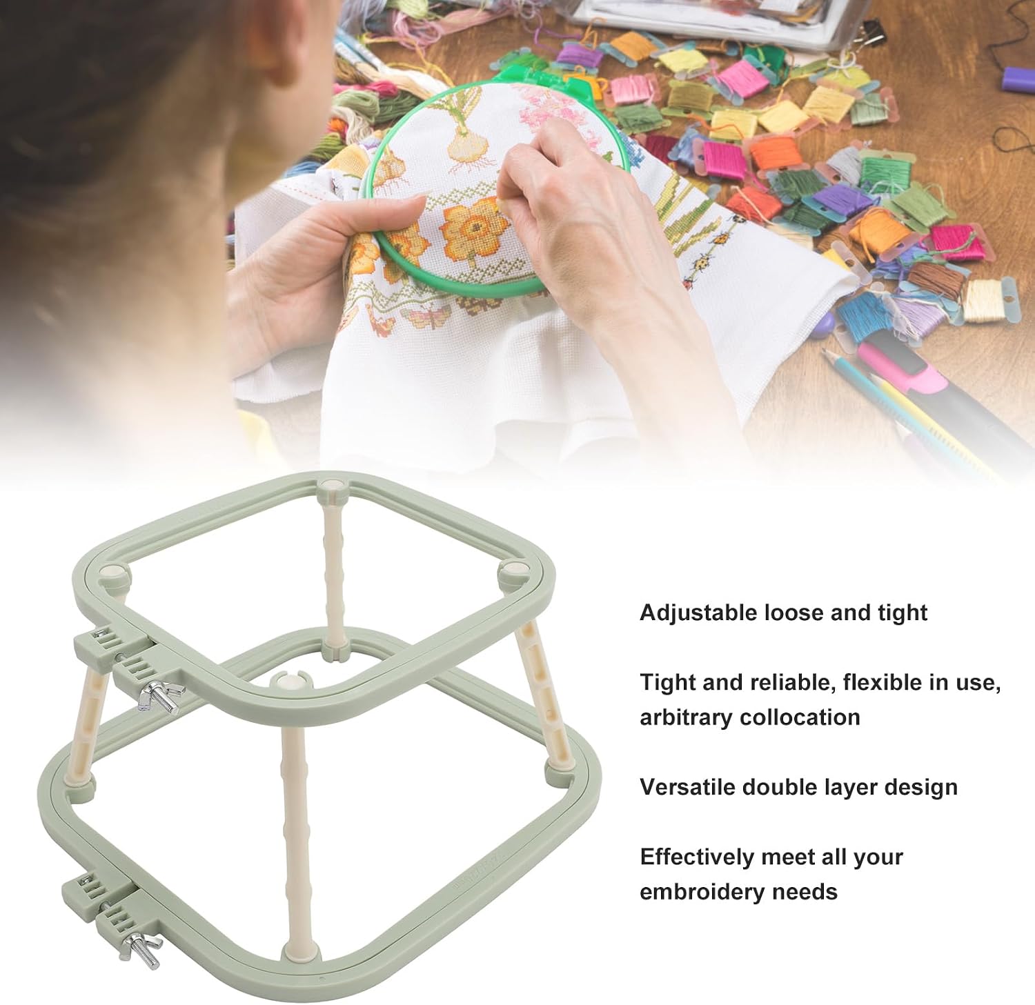 2 Layer Embroidery Frame Stand, Adjustable ABS Double Hoop Desktop Holder - Versatile Needlework Tool for Sewing, Cross Stitch, Craft & Embroidery Projects(Green)