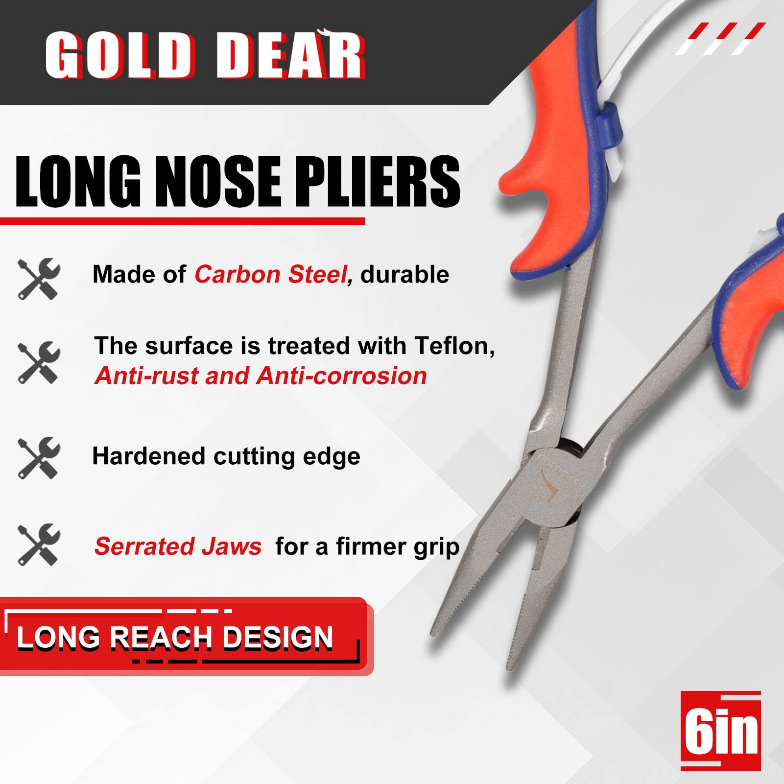 GOLD DEER 6" Long Reach Long Nose Pliers Mini Long Reach Pliers with Serrated Jaws for Fishing Wire Wrapping Extra Long Nose Pliers for Hard to Reach Narrow Space Carbon Steel Body with Teflon Finish - Image 2