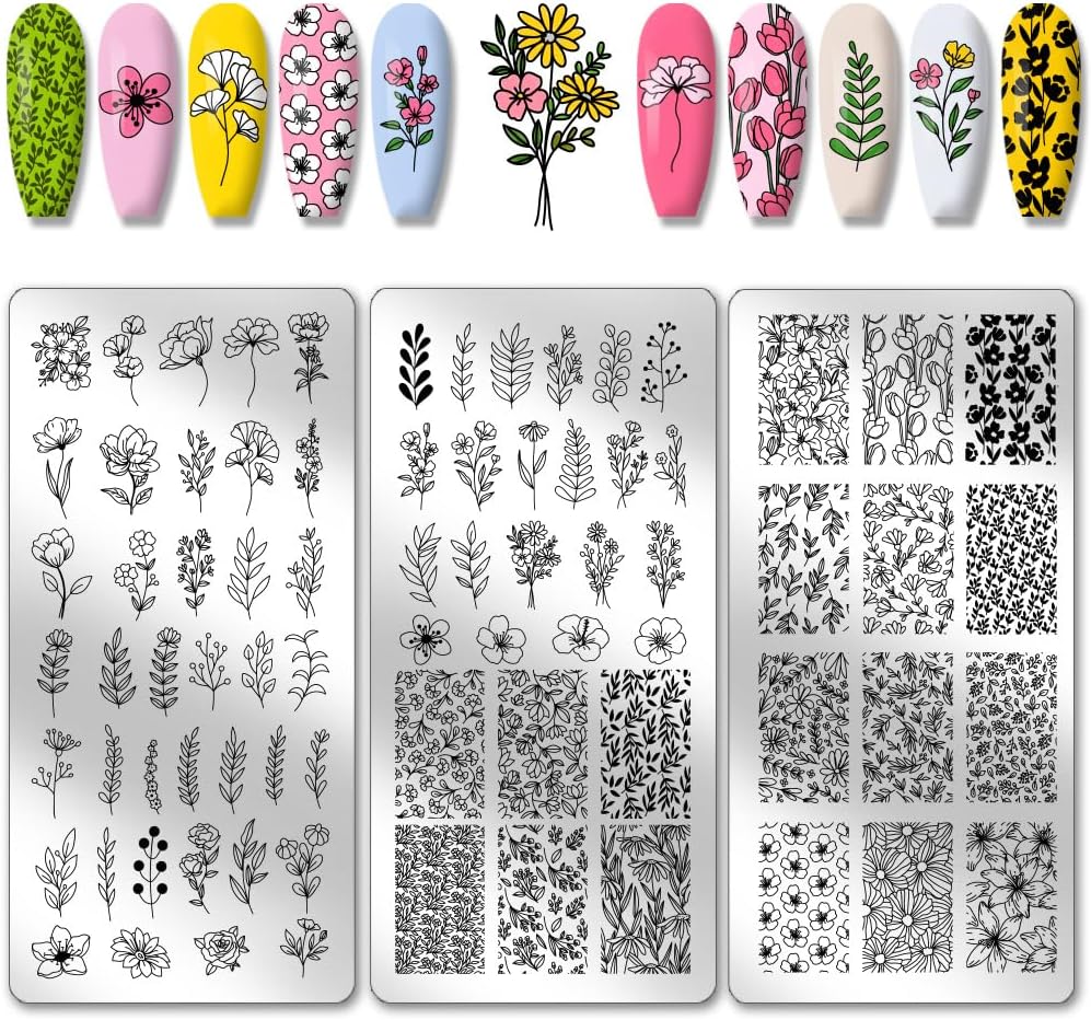 PH PandaHall 3pcs Plants Nail Stamping Plates, 77 Patterns Flower Leaf Nail Art Templates Floral Nail Art Stencil Stainless Steel Nail Image Plates for Women Nail Design Print Manicure Salon Spring