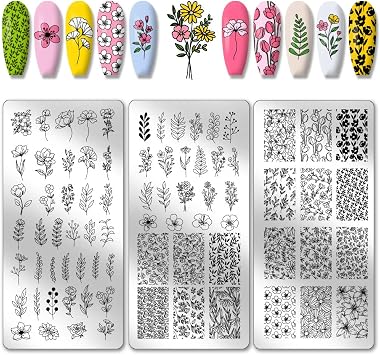 PH PandaHall 3pcs Plants Nail Stamping Plates, 77 Patterns Flower Leaf Nail Art Templates Floral Nail Art Stencil Stainless Steel Nail Image Plates for Women Nail Design Print Manicure Salon Spring