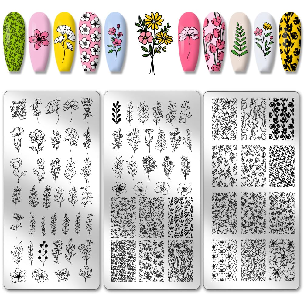 PH PandaHall 3 placas de estampado de uñas, 77 patrones de flores, hojas de flores, plantillas de arte de uñas, plantillas de arte de uñas de acero inoxidable, placas de imagen de uñas para mujer,