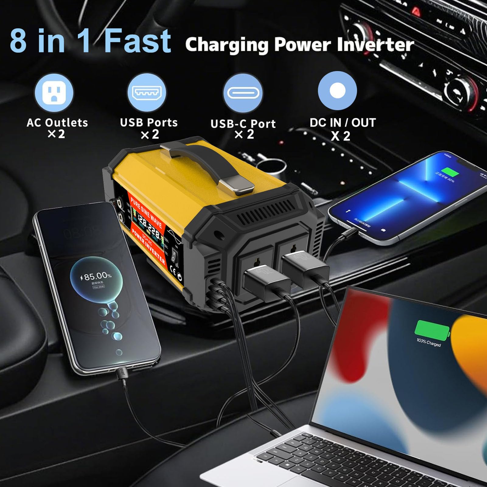 Drfeify Przetwornica Czystej Fali Sinusoidalnej 500 W ABS 12 V do 220 V Falownik Sinusoidalny Falownik Solarny z Wyświetlaczem LCD Podwójny Port USB 1000 W Szczytowy do Użytku na łodzi Samochodowej