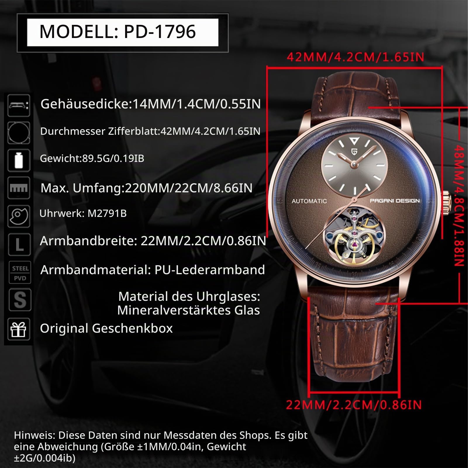 Pagani Design Herrenuhr Automatik Mechanisch Skelettdesign mit Kleiner Lünette 42mm Edelstahlgehäuse & PU-Lederband 10ATM wasserdicht (100m) (Braun)
