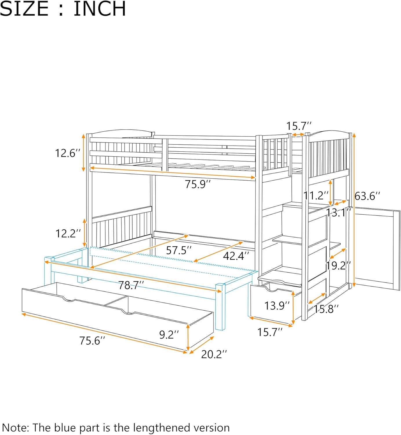 Dimensional diagram of the Flieks Twin Over Full/Twin Bunk Bed showing length, width, and height measurements for all sections.