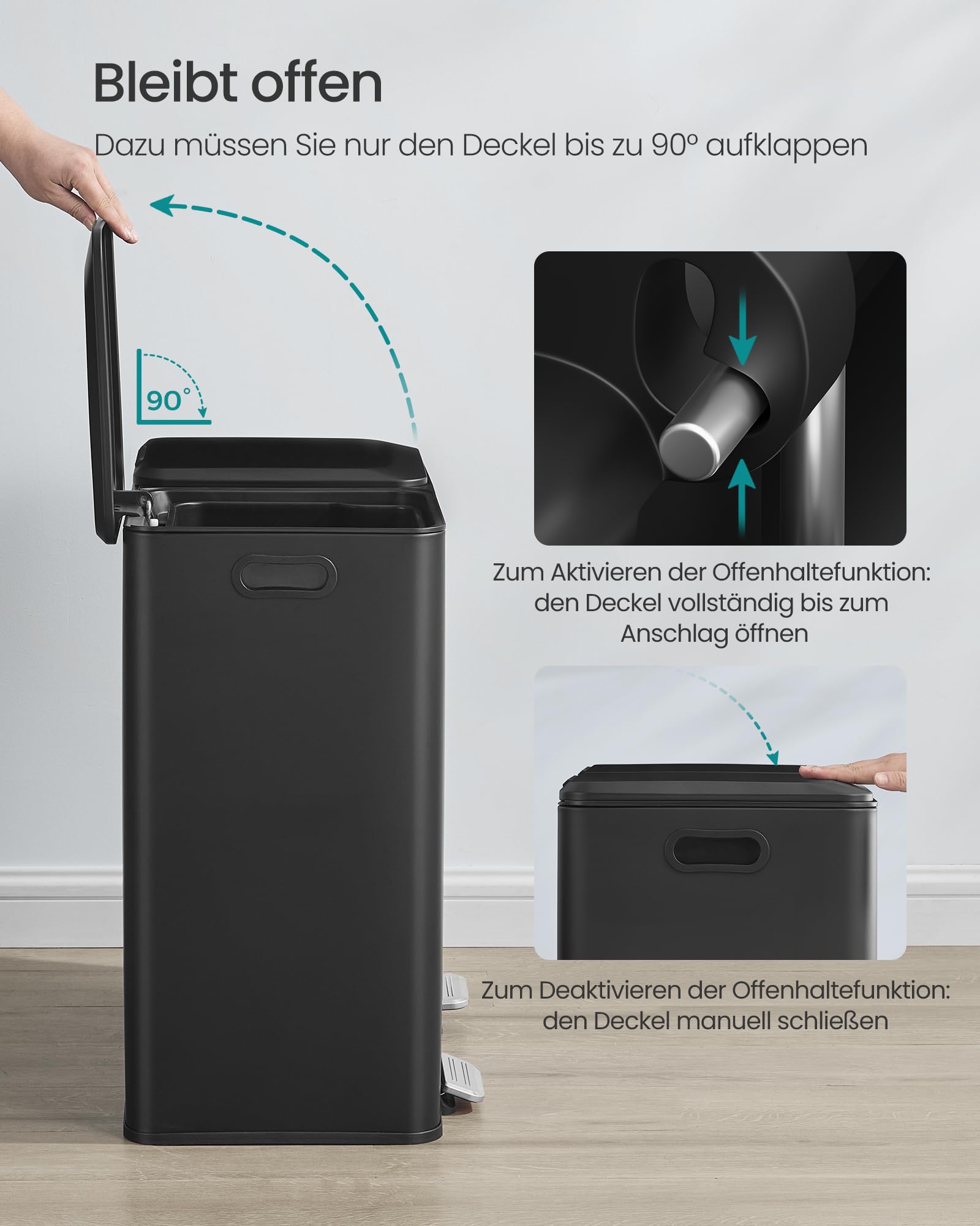 SONGMICS Mülleimer Küche, 2 x 30 L, 2 Fächer, Mülltrennsystem, Softclose, herausnehmbare Inneneimer, Pedalen, Stahl, tintenschwarz LTB743B02