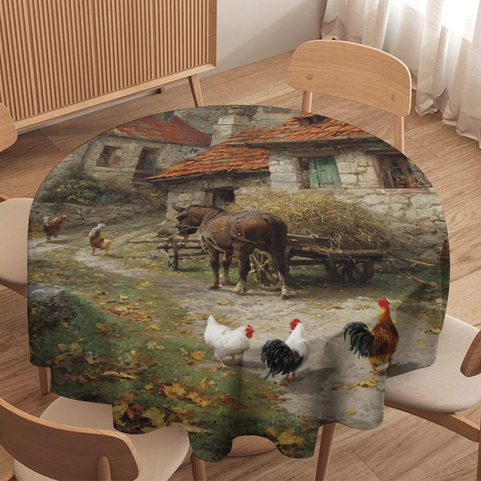 LUYYSKY Rustic Funny Donkeys Round Tablecloth Classic Modern Stone House Animals Chickens Roosters Pattern Washable Decor for Table Cover for Kitchen-177.8" Wx177.8 L cm