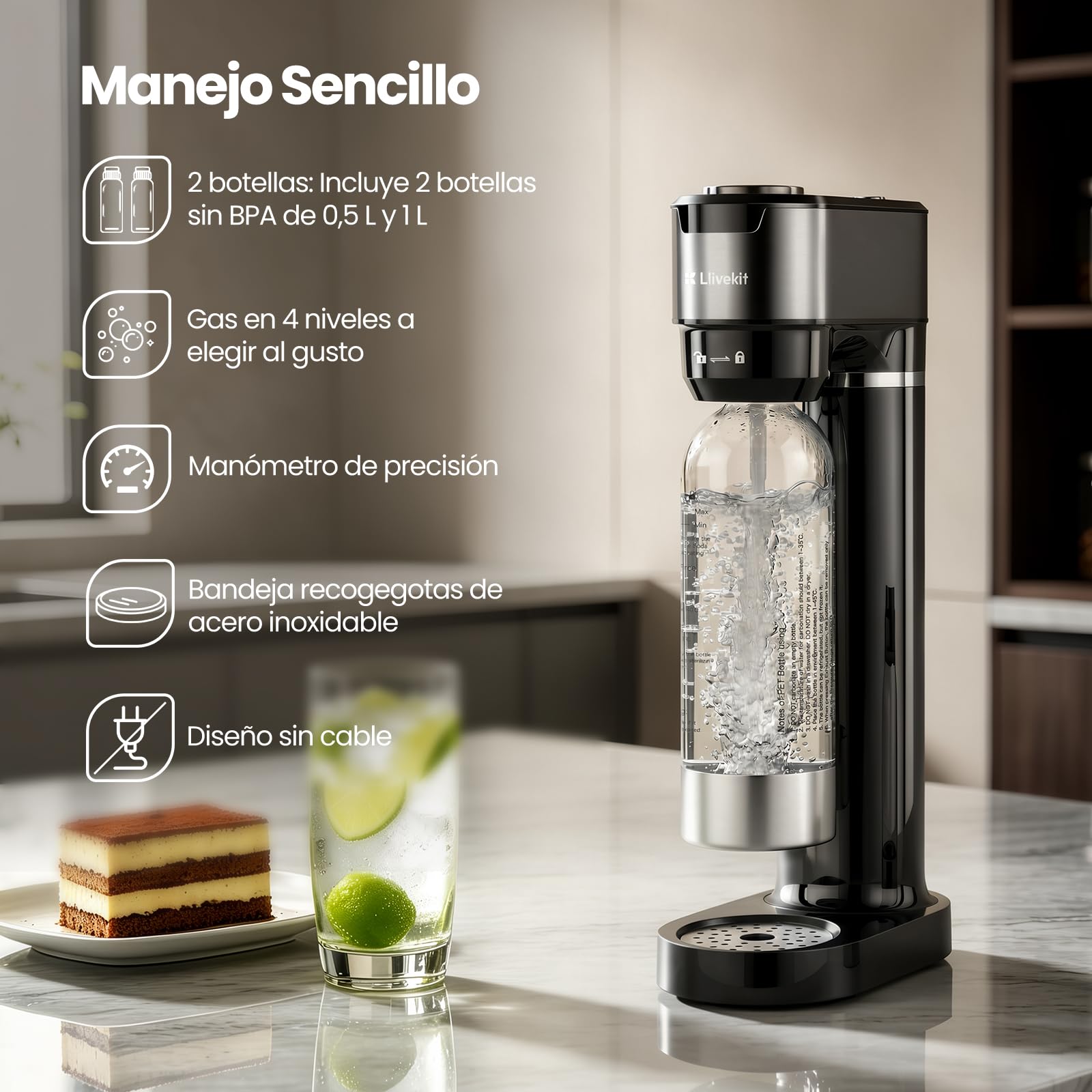 LLIVEKIT Gasificador de Agua, Máquina Agua con Gas de 4 Niveles de Burbujas, Máquina para hacer Soda Compatible con Cilindro CO2, Incluye Botella PET de 0,5 y 1 L, Válvura de Seguridad, Negro