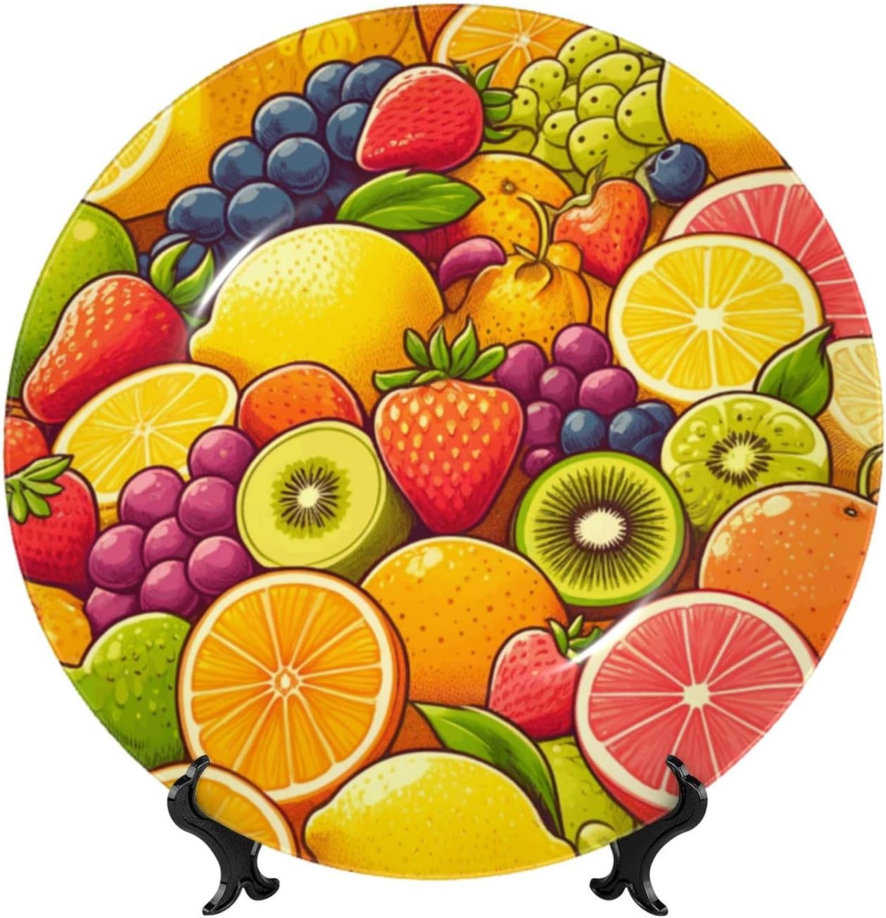 Cherry-Grapes-Fruit 10 Inch Decorative Plate With Stand, Elegant Display Wall Plate For Home Decor