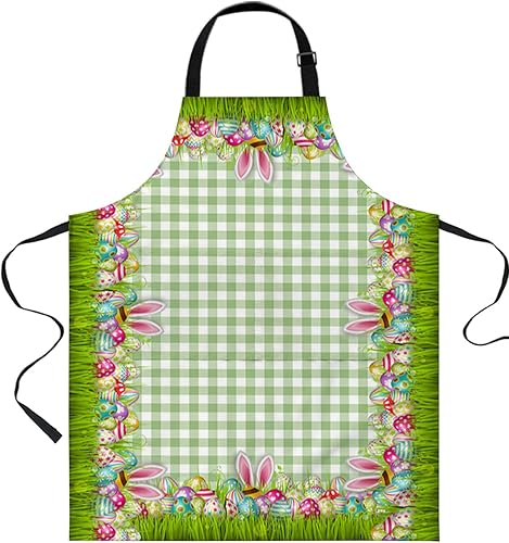LEOKOTI Spring Easter Aprons for Women Men with 2 Pockets, Grass Bunny Ears Colorful Eggs Board Green Plaid Waterproof Kitchen Aprons Adjustable