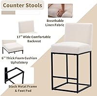 Vista 4 de HNY Taburete de bar moderno de altura de mostrador, taburete de bar tapizado de tela de lino con respaldos, taburetes de isla de cocina de 27 crema