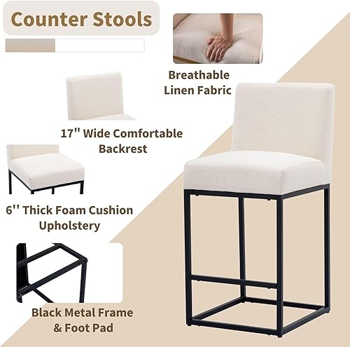 Miniatura 4 de HNY Taburete de bar moderno de altura de mostrador, taburete de bar tapizado de tela de lino con respaldos, taburetes de isla de cocina de 27 crema