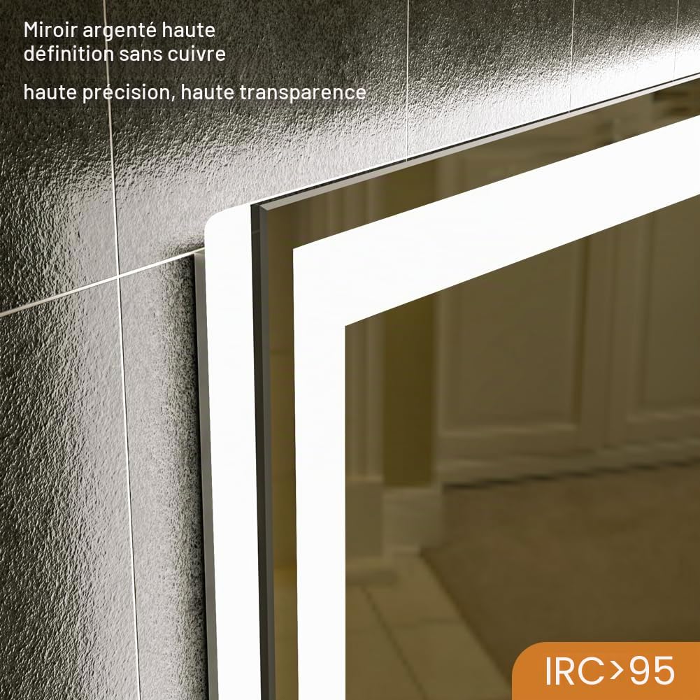 KWW 80 x 100 cm LED Salle de Bain Vanity Mirror, Lampe Anti - Brouillard, Facile à Installer, Miroir de Vanité Mural Horizontal/Vertical avec Bouton Tactile Intelligent