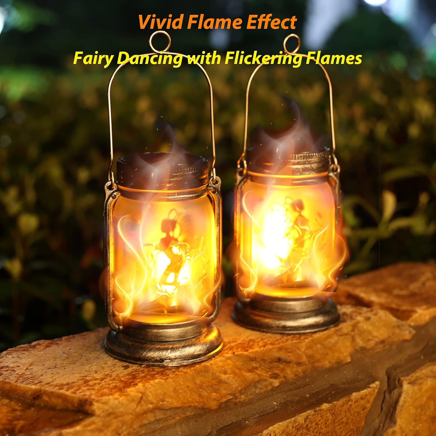 ANGMLN Solar Flame Lanterns Outdoor Waterproof, 2 Pack Garden Hanging Fairy Lantern Solar Lights Decor with Flickering Flames for Patio Yard Garden Outdoor Decorations
